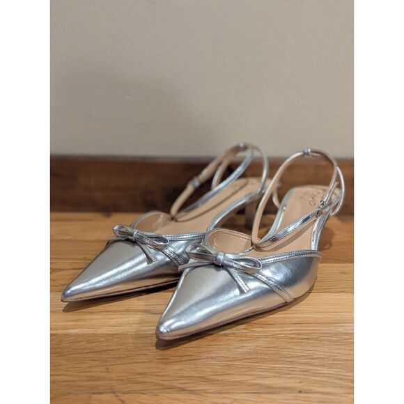 Jewel Badgley Mishka Talasia Pointed Toe Kitten Heels | Silver Metallic | Size 8 - Picture 16 of 16
